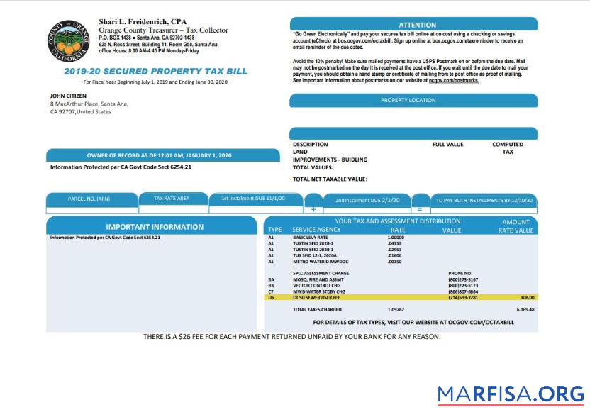 Blank USA County of Orange California property tax bill template in Word and PDF format